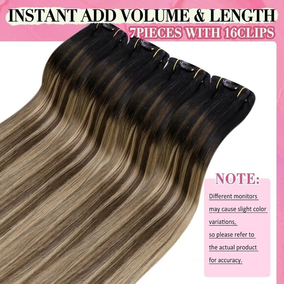 Human Hair Extensions Clip in Ombre Black to Brown Blonde 20 Inch 120G - Picture 5 of 9